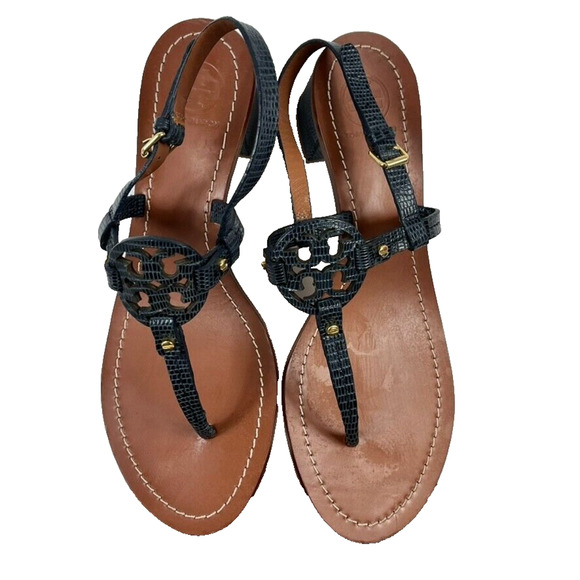 Tory Burch Sandal Women 8 Blue Mini Miller Leather Lizard-Print Thong Block Heel - Picture 1 of 10